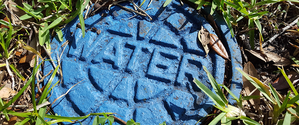 A manhole painted blue with the word 'water' on it in Virginia.